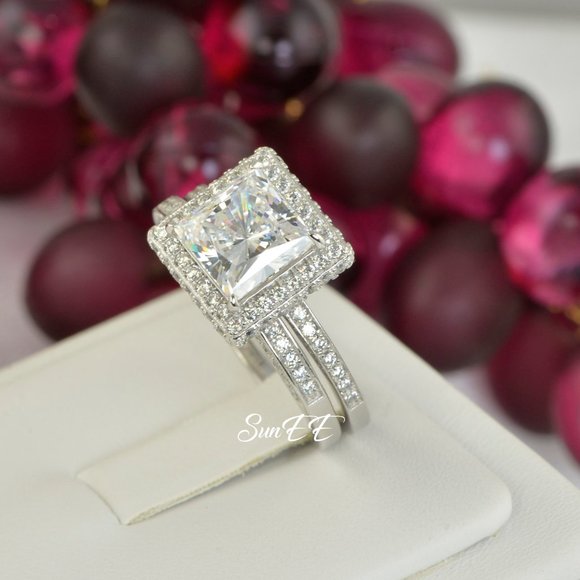 NEW 925 STERLING SILVER HALO PRINCESS DIAMOND CUT WEDDING RINGS ENGAGEMENT RING - Picture 7 of 7